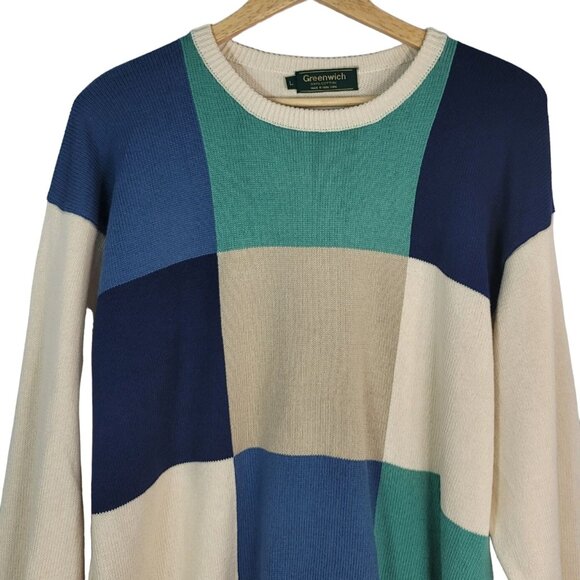 Greenwich Grandpa Sweater Cream Green Large Square Long Sleeve Rib Pullover VTG - Picture 2 of 7